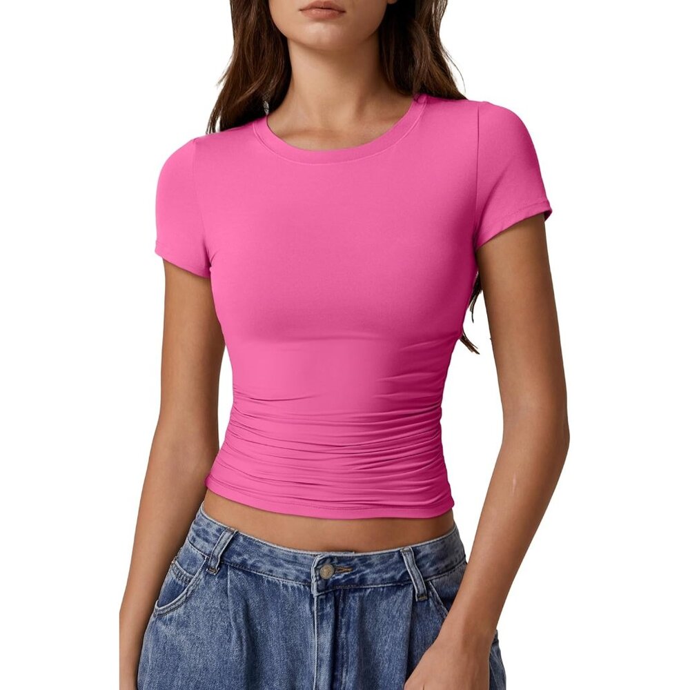 Women's Crop Tops Pink Short Sleeve Y2K Classic Round Neck Side Ruched Pleated
